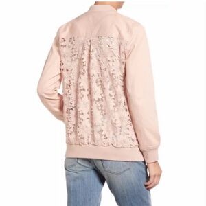 Chelsea28 > Blush Floral Sheer Lace Back Bomber Jacket